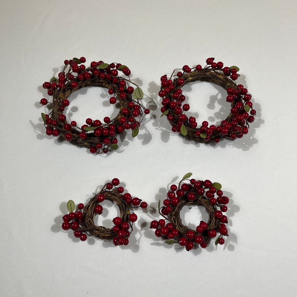 Berry Wreath Set Home Decor Red Rustic Grapevine 4pc Holiday Home Decor 6"
